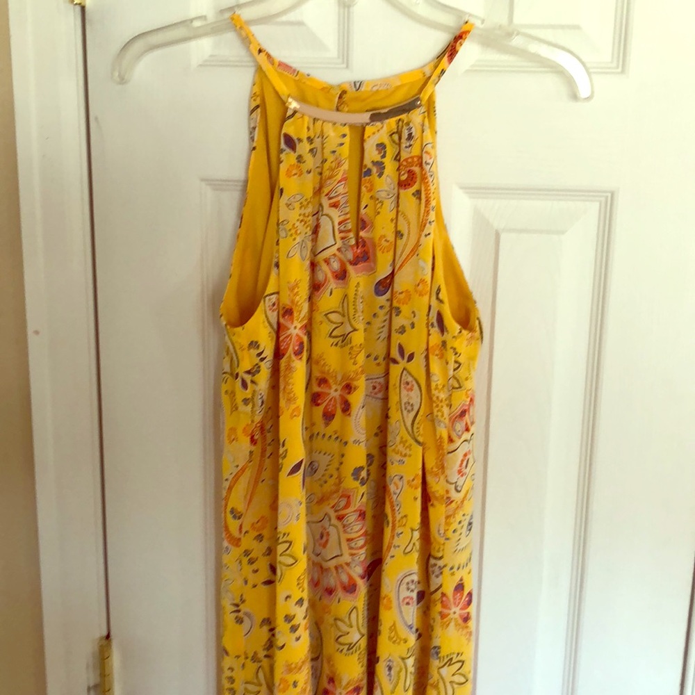 Gold floral print dress.